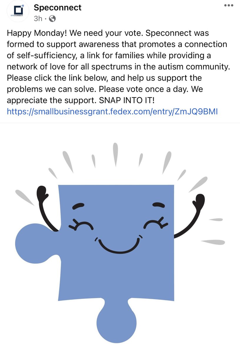 speconnect's tweet photo. We need your support in voting for our company Speconnect for the People's Choice  Fed Ex Small Business Grant. You can vote on multiple computers every 24 hours. Help us provide a network of love for all spectrums in the autism community.  
https://t.co/wFhG5qXDZu

#autismlove https://t.co/5EG6VmLM5z
