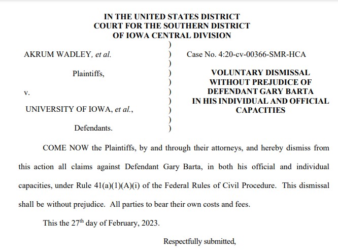 ScottDochterman's tweet photo. Plaintiffs in racial discrimination case against Kirk Ferentz, Brian Ferentz, Gary Barta &amp; Chris Doyle have filed for dismissals without prejudice in their official &amp; individual capacities, according to documents filed today. Claims can be refiled; suit still open vs. UI and BOR. https://t.co/e7QKoPbOcY
