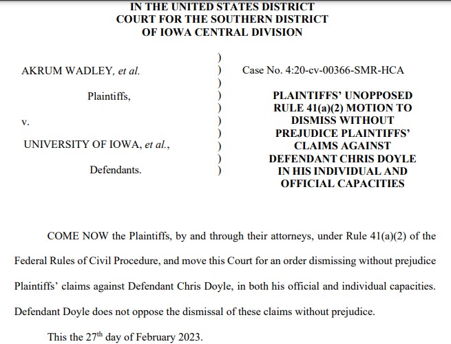 ScottDochterman's tweet photo. Plaintiffs in racial discrimination case against Kirk Ferentz, Brian Ferentz, Gary Barta &amp; Chris Doyle have filed for dismissals without prejudice in their official &amp; individual capacities, according to documents filed today. Claims can be refiled; suit still open vs. UI and BOR. https://t.co/e7QKoPbOcY