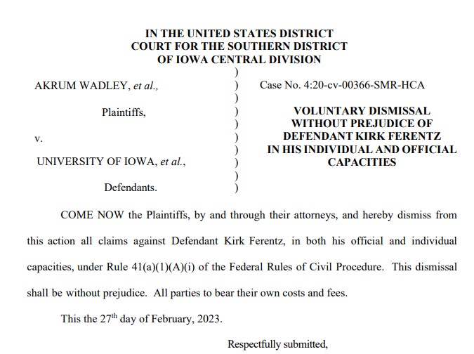 ScottDochterman's tweet photo. Plaintiffs in racial discrimination case against Kirk Ferentz, Brian Ferentz, Gary Barta &amp; Chris Doyle have filed for dismissals without prejudice in their official &amp; individual capacities, according to documents filed today. Claims can be refiled; suit still open vs. UI and BOR. https://t.co/e7QKoPbOcY