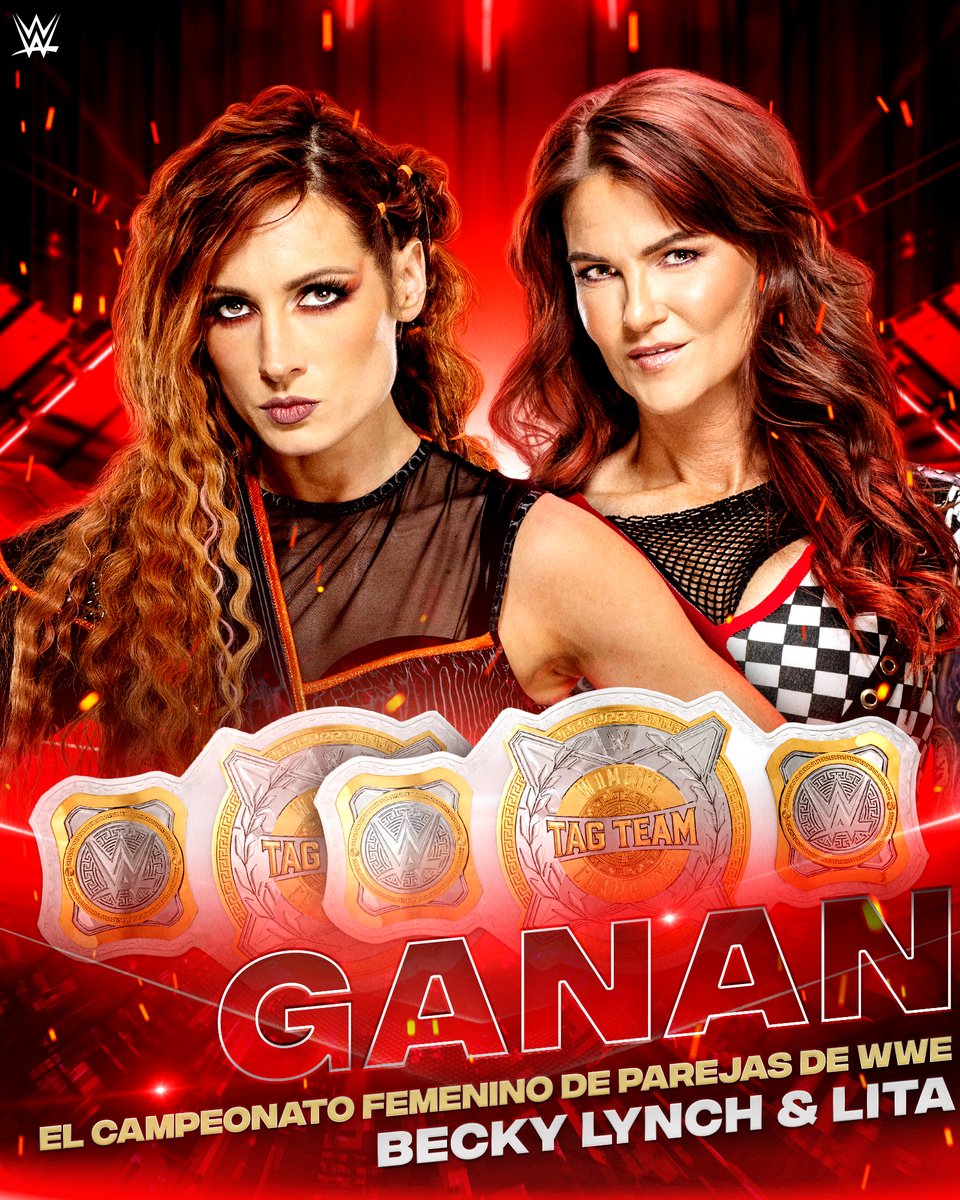 wweespanol's tweet photo. Tenemos nuevas Campeonas en Parejas de #WWE y ellas son @BeckyLynchWWE &amp; @AmyDumas 👩👩🏅 https://t.co/SfOAdpYc8o
