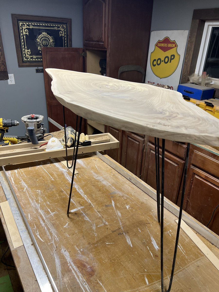 Turfintel's tweet image. Somehow got some time in the woodshop this weekend in between 5 kids hockey games. New end table for the living room. Wood is from an elm tree I cut down on our property 5 years ago.
