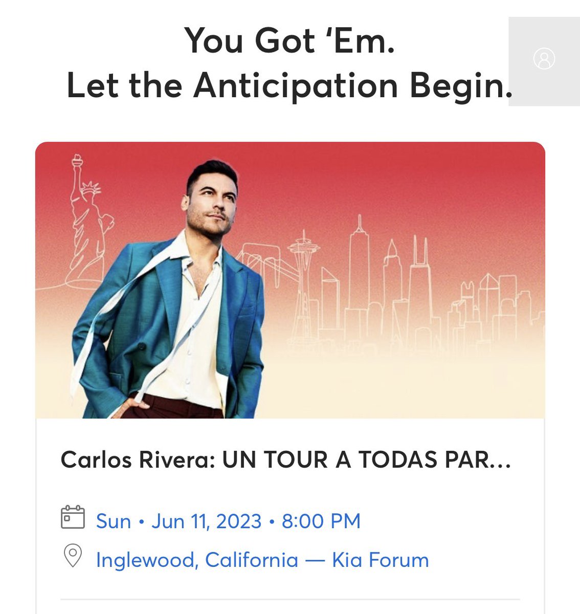 Lista pa’ ver a mi Huamas precioso❤️ Me emociona tanto cuando viene a California. Me recuerda a aquel 2007 en Fiesta Broadway. Ahora un lugar grande digno de mi rey! Se lo merece x todo lo q ha logrado❤️No nos abandones tanto tiempo, t amamos mucho en California❤️ <a href="/_CarlosRivera/">Carlos Rivera</a>