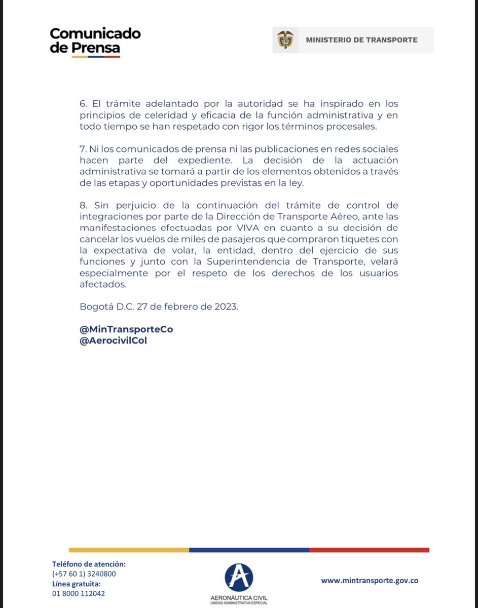 AerocivilCol's tweet photo. #Comunicado | Ante las últimas noticias y manifestaciones hechas en medios de comunicación sobre la operación proyectada entre @Avianca y @VivaAirCol, la @AerocivilCol debe hacer las siguientes precisiones: https://t.co/xOHn4ezSaY
