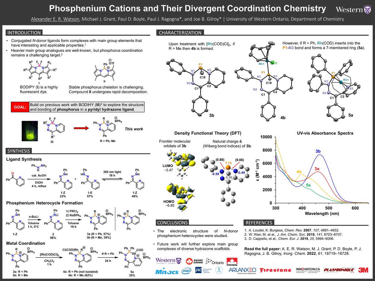 My #RSCPoster entry features work from the @RagognaGroup and @GilroyGroup at @westernuchem. It involves the synthesis of heterocyclic phosphenium cations, their coordination chemistry, and a fundamental look into their structure and bonding. #RSCInorg