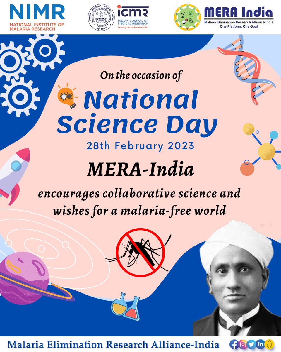 MERA-India wishes every science lover a Happy #NationalScienceDay 🚀🔬

On this occasion, we celebrate the achievements of 👨‍🔬Dr CV Raman and encourage 🧑‍🔬👩‍🔬scientists around the 🌏globe to collaborate 🤝and work for a #malariafree world

#collaborativeresearch #malariaawareness