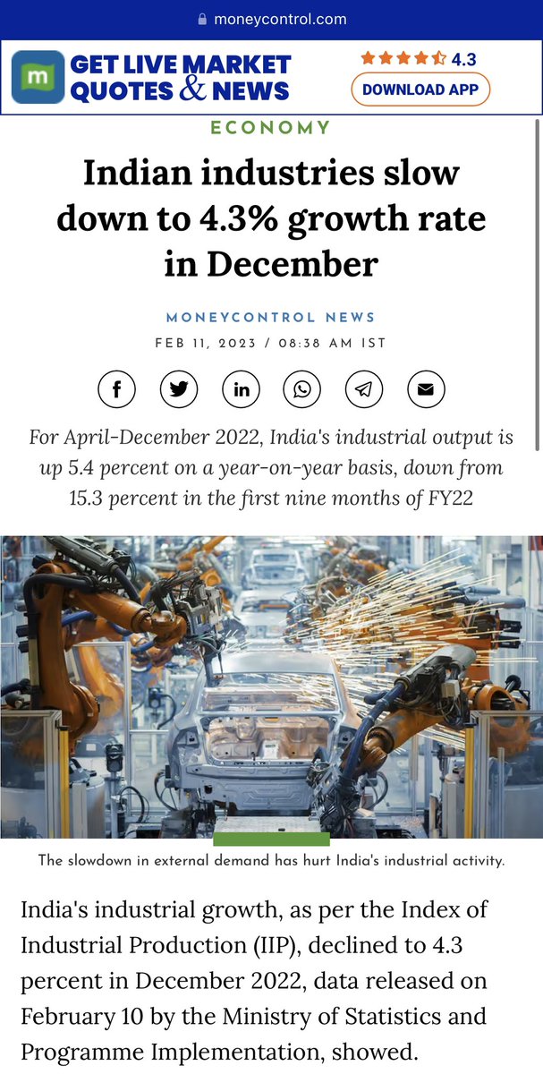 India’s Industrial Growth Rate in 2022-23 (Apr-Dec) falls to 5.4% from previous year’s 15.2%, a ~10% decline.

When the Economy nosedived & the Industry struggled in 2020 & 2021, the Modi Govt took refuge in #Covid & called it an #ActOfGod 

#MakeInIndia has become Joke In India.