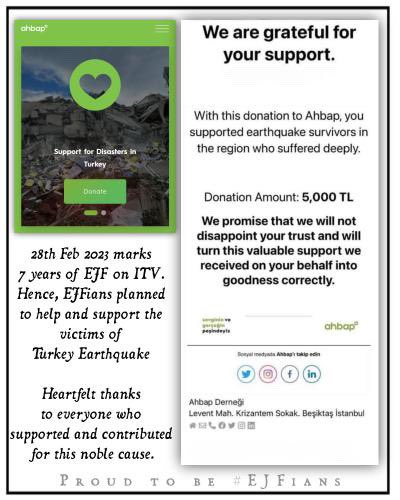As a part of our continuing efforts to do something meaningful and promote the support of causes that deserve help. On the occasion of the #7yearsOfEjfOnITV 
The Debut of <a href="/IamEJF/">Erica J Fernandes</a> on ITV we #Ejfians have decided to contribute towards helping the earthquake survivors of Turkey