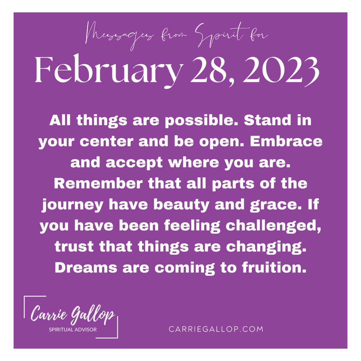 Messages From Spirit for February 28, 2023 ✨

#Daily #Guidance #Message #MessagesFromSpirit #February28 #Feb28 #AllThingsArePossible #Possibilities #Opportunities #Center #BeOpen #Embrace #Accept #Journey #Beauty #Grace #Challeneges #Changing #Change #Trust #Dreams
