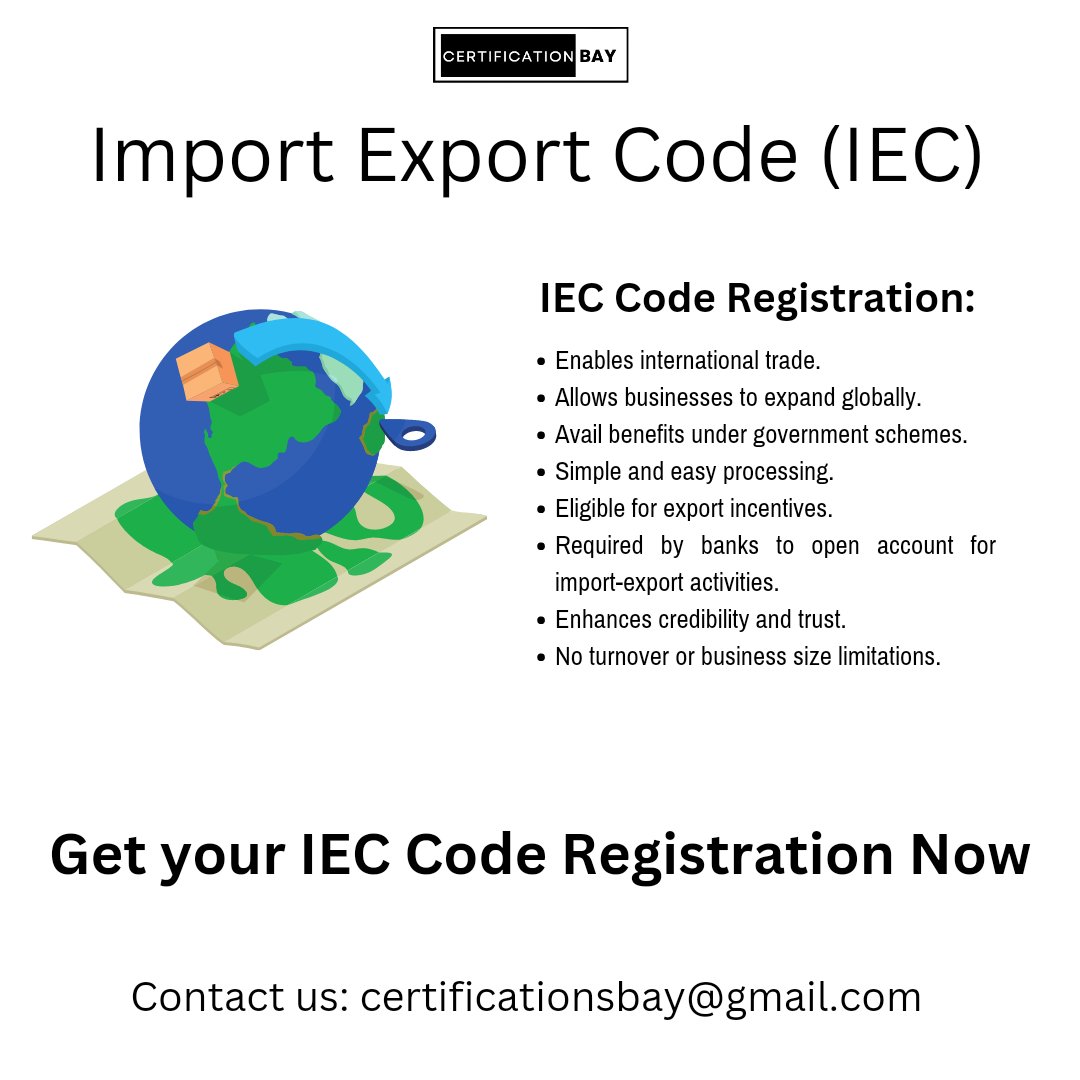 Certibay's tweet image. "Get your Import Export Code (IEC) hassle free with our guidance on documentation, compliance, and support throughout the application process."
DM us for free consultation.
Contact us: certificationsbay@gmail.com
#certificationbay #iec #importexportcode #iecregistration #dgft