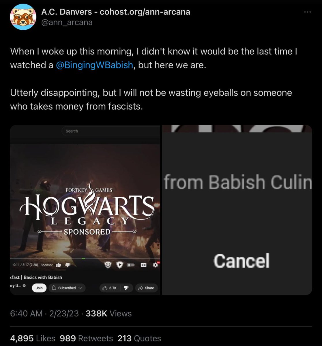 silverwhiners's tweet photo. "@BingingWBabish sponsored Hogwarts Legacy in his most recent video. Clearly he must be an alt-right, reactionary, transphobic Nazi chud!" https://t.co/HoMOMwMKl7