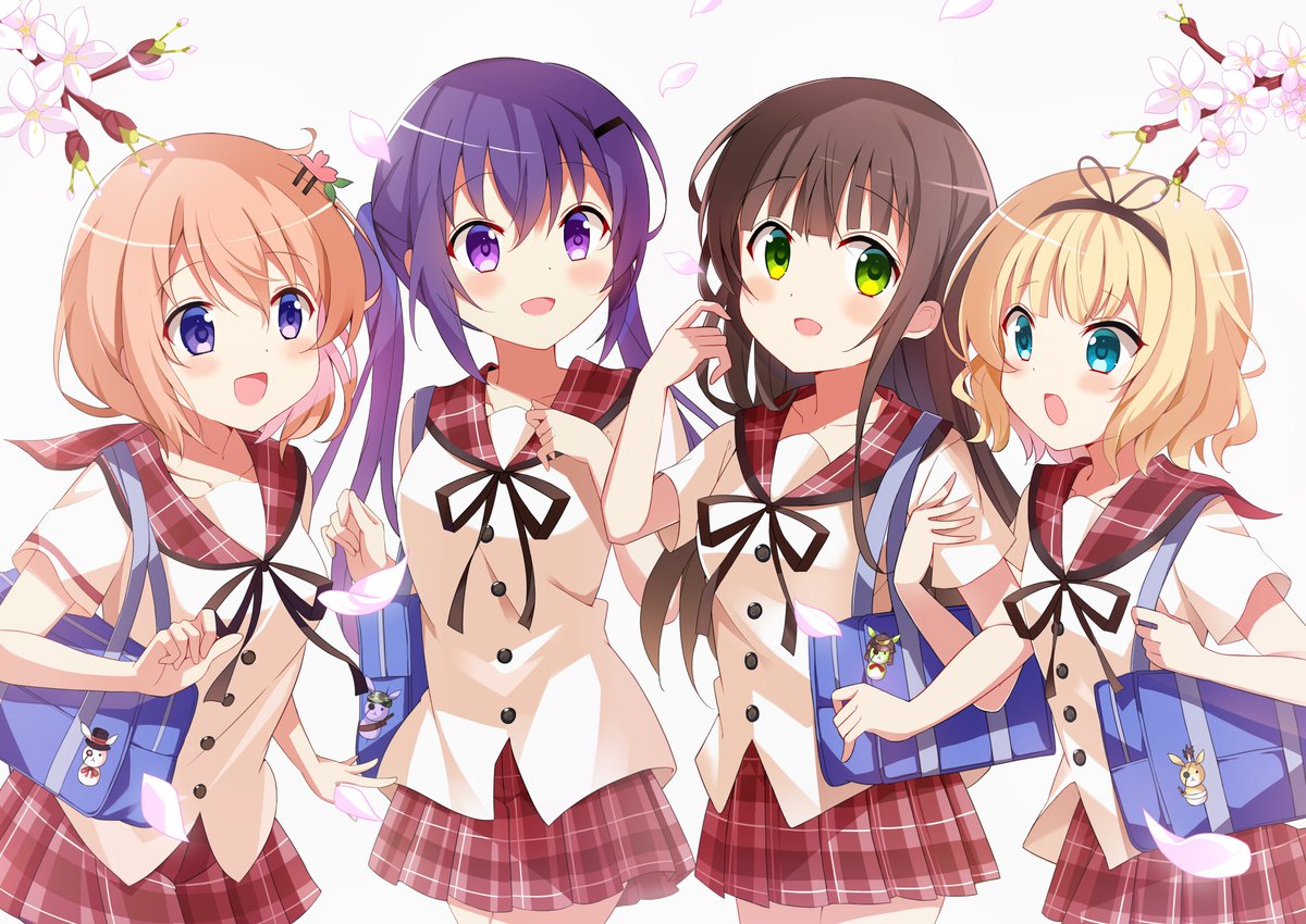 hoto cocoa ,kirima syaro ,tedeza rize ,ujimatsu chiya multiple girls blonde hair 4girls school uniform skirt purple hair sailor collar  illustration images