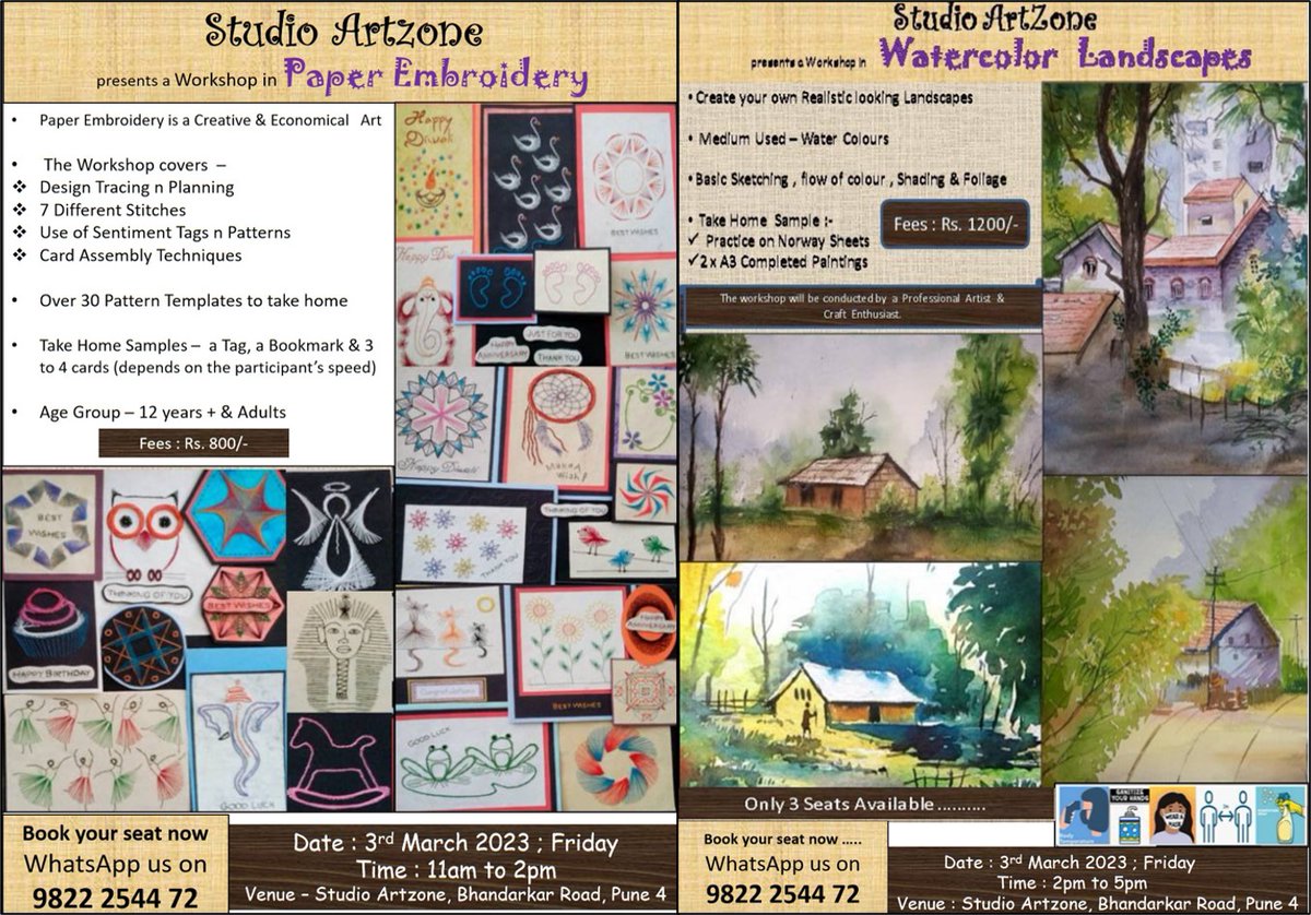 *#WatercolorLandscapes*
*#PaperEmbroidery*
*#InPersonWorkshop*

There are 2 InStudio Workshops scheduled for  *3 Mar '23 (Fri)*- 

*🧿 Paper Embroidery*
*Rs. 800/- ; 11am -  2pm*

                   *&*

*🧿 Watercolor Landscapes*
*Rs. 1200/- ; 2pm to 5pm*

*Book your seat now*