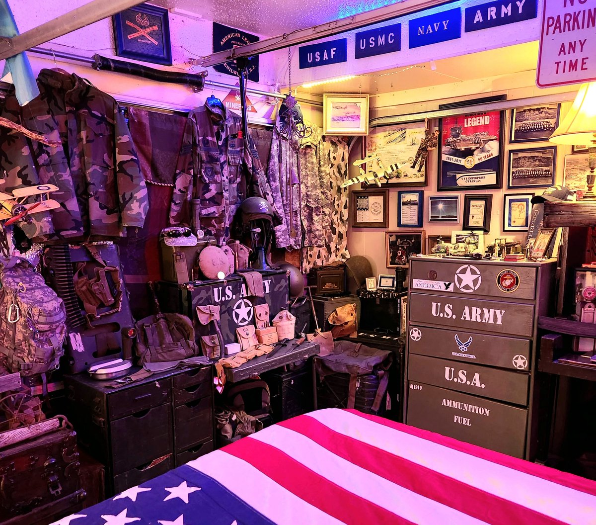 Another part of my man cave. My #miltaria collection. I was not in.the military but my father - #Army brother #Navy and an uncle in the #Navy  & my aunt #CoastGuard nurse #Pearlharbor that fateful day. Dec  7, 1941. Grandfather WW1 in the trenches. God bless our #Veterans.