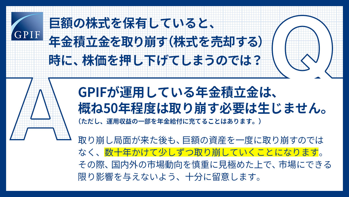 Q&A】 Q:巨額の株式を保有していると、年金積立金を取り崩す(株式を売却する)時に、株価を押し下げてしまうのでは？ A:#GPIF が運用している年金積立金は、概ね50年程度は取り崩す必要は生じません。取り崩し局面が来た後も、一度に取り崩さず、数十年かけて少しずつ  ...