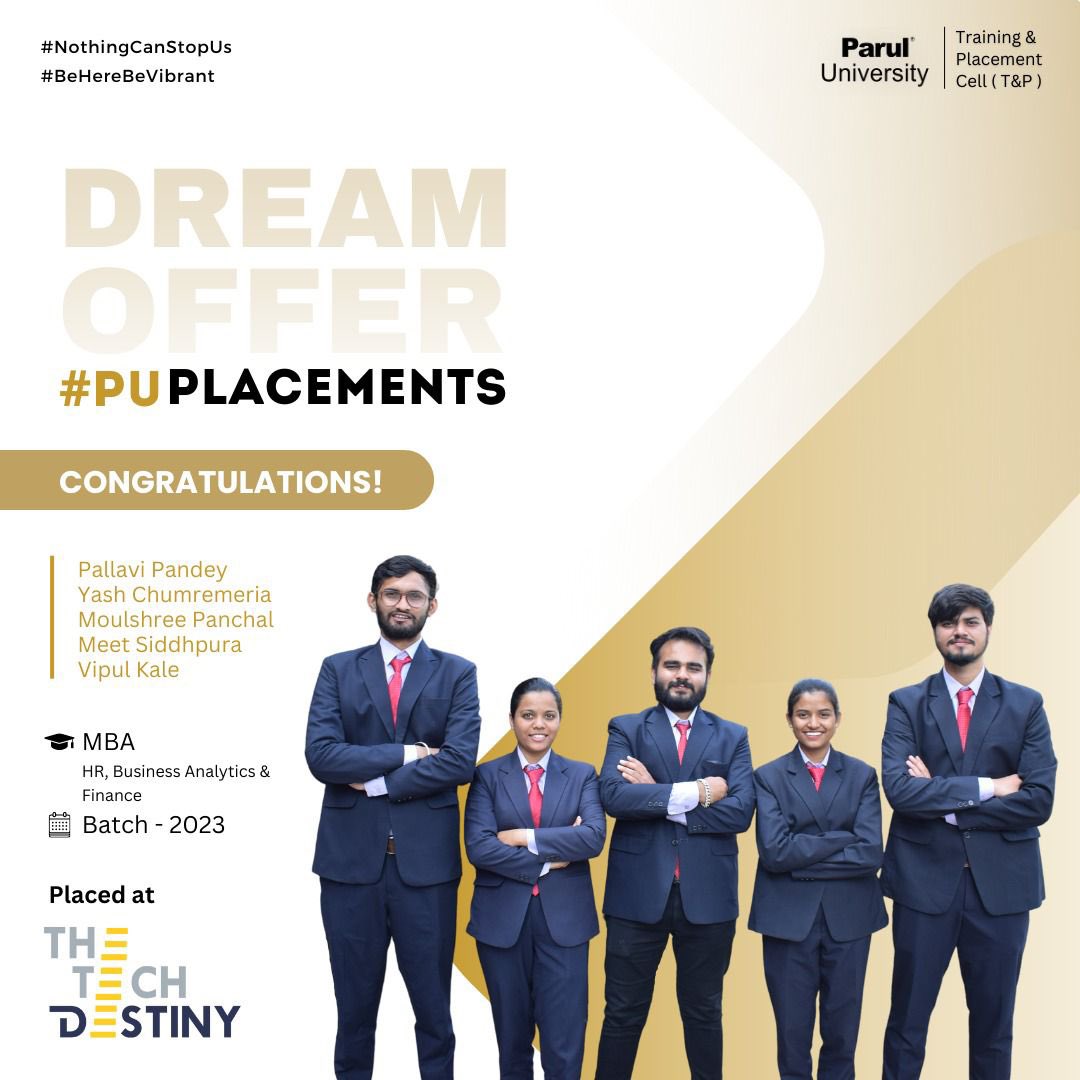 drdevanshupatel's tweet photo. "From Parul University to Tech Destiny - 5 students make their mark!" ๐๐ Congratulations to Pallvi Pandey, Yash Chumremeria, Moulshree Panchal, Meet Siddhpura, and Vipul Kale on securing placements in Tech Destiny from Parul University!๐๐ #ParulUniversity #TechDestiny https://t.co/wDKOytVztY