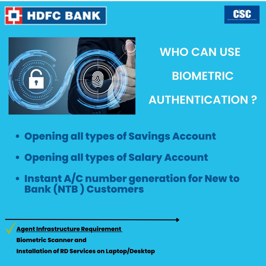 cscfinancial_'s tweet photo. CSC HDFC Bank VLEs can now use Bio-metric authentication for opening customer accounts !

#cscfinancialservices #csc #commonservicescentres @digitalindia #accounts #banking #hdfcbank https://t.co/7J5J8T34Jl