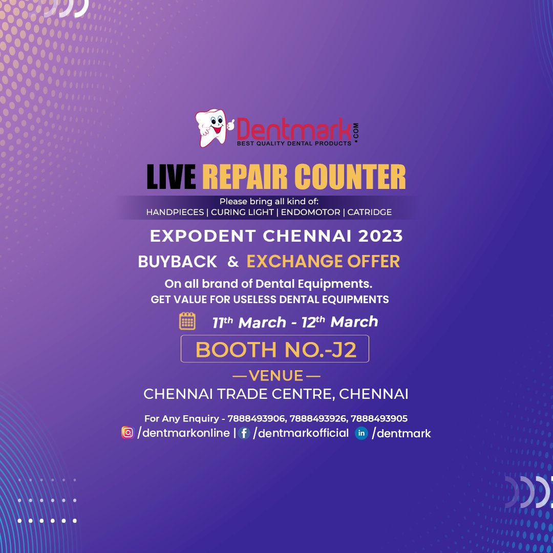 dentmarkonline's tweet image. Live Repair Counter
Please bring all kinds of Handpieces, Curing light, Endomotor
Buyback &amp;amp; Exchange offer
on all brands of dental equipment
Date: 11 march 12 march
Booth No: J2
Venue: Chennai Trade Centre, Chennai
For Any Query, Please Call - 7888493926
#dentalexpodent #chennai