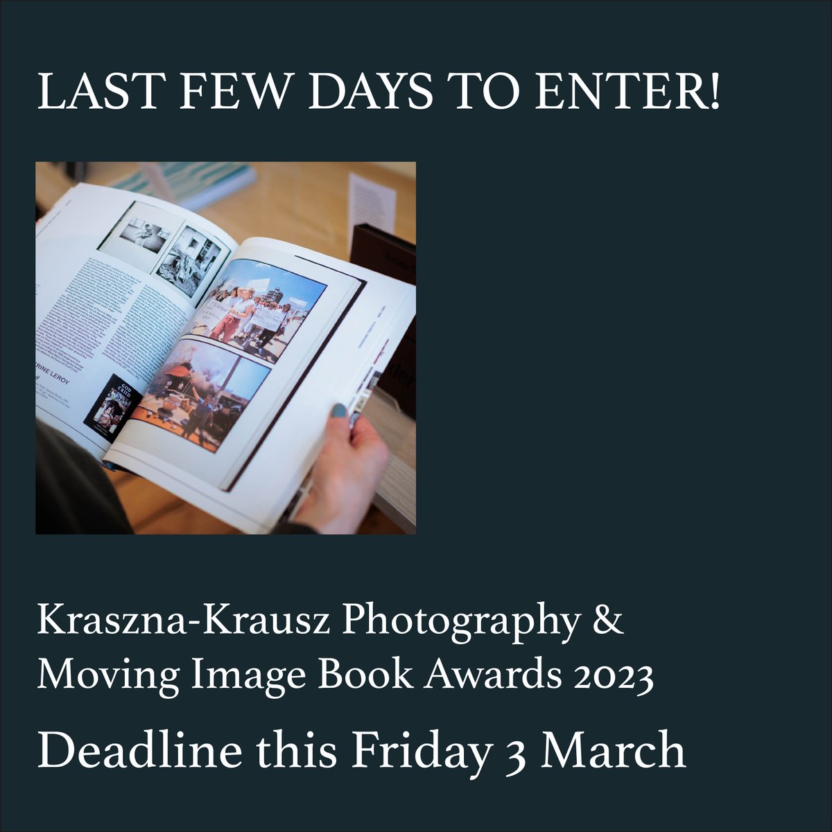 Last few days to enter the Kraszna-Krausz Book Awards 23. Deadline this FRI 3 Mar

Calling publishers, artists &amp; writers who published a book on photography or the moving image in 2022

🌟 £10000 prizes
🌟 Special displays &amp; tailored events
🌟 No entry fee
bit.ly/3mdvBSL