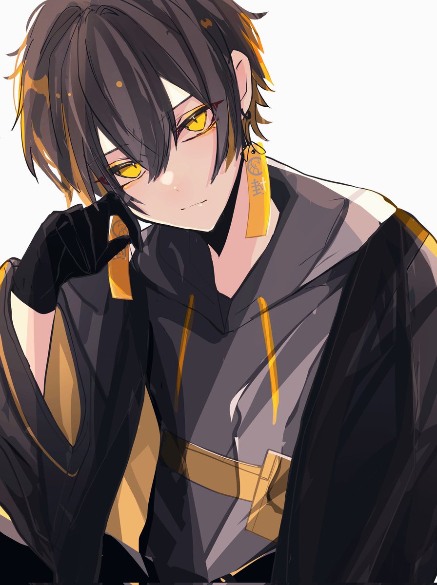 1boy male focus solo jewelry earrings yellow eyes hood  illustration images