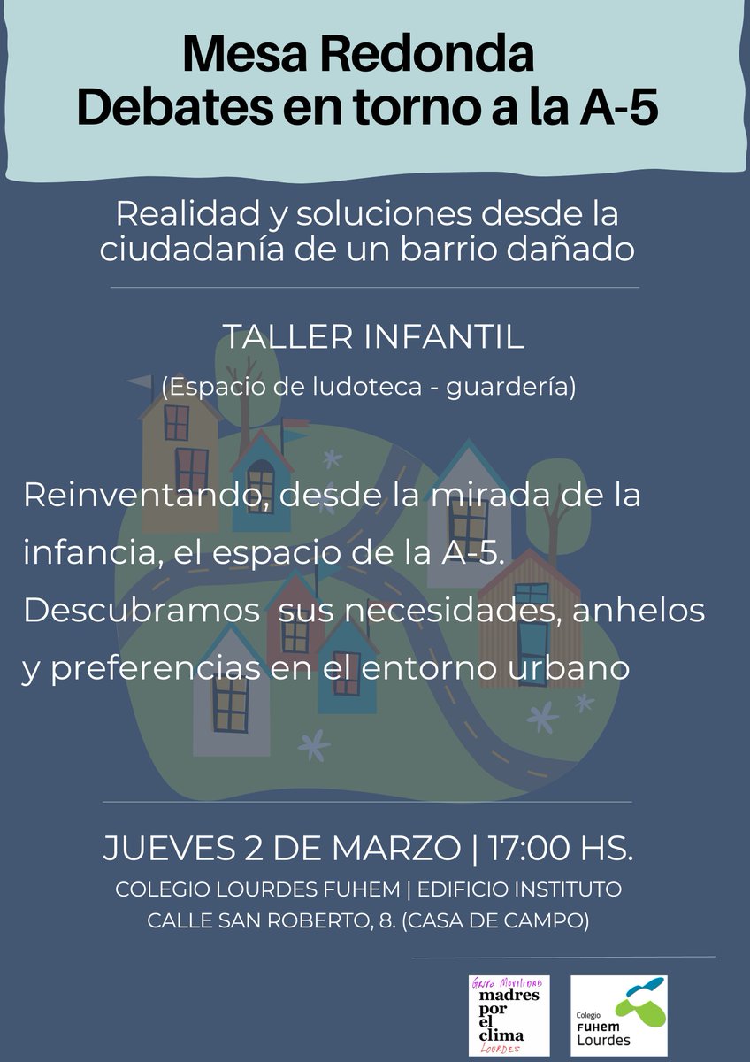 Los barrios adyacentes a la A5 soportan niveles de NO2 dañinos para la salud. Los coles que están en esos barrios también! ES EL MOMENTO DE ACTUAR! nos va salud de nuestras hijas e hijos en ello.
¡Ven a la mesa redonda!
<a href="/afalourdes/">AFA Lourdes</a> @LourdesFUHEM <a href="/FuhemEcosocial/">FUHEM Ecosocial</a> <a href="/MasLatina_/">Más Madrid | Latina</a>
