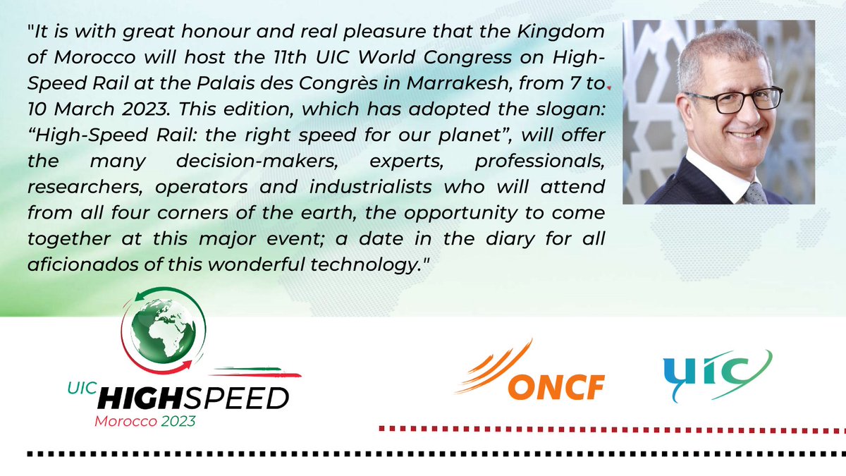 📢UIC World Congress on High-Speed Rail 
"The right speed for our planet" 
<a href="/ONCFgroup/">ONCF</a>
👉 uichighspeed.org