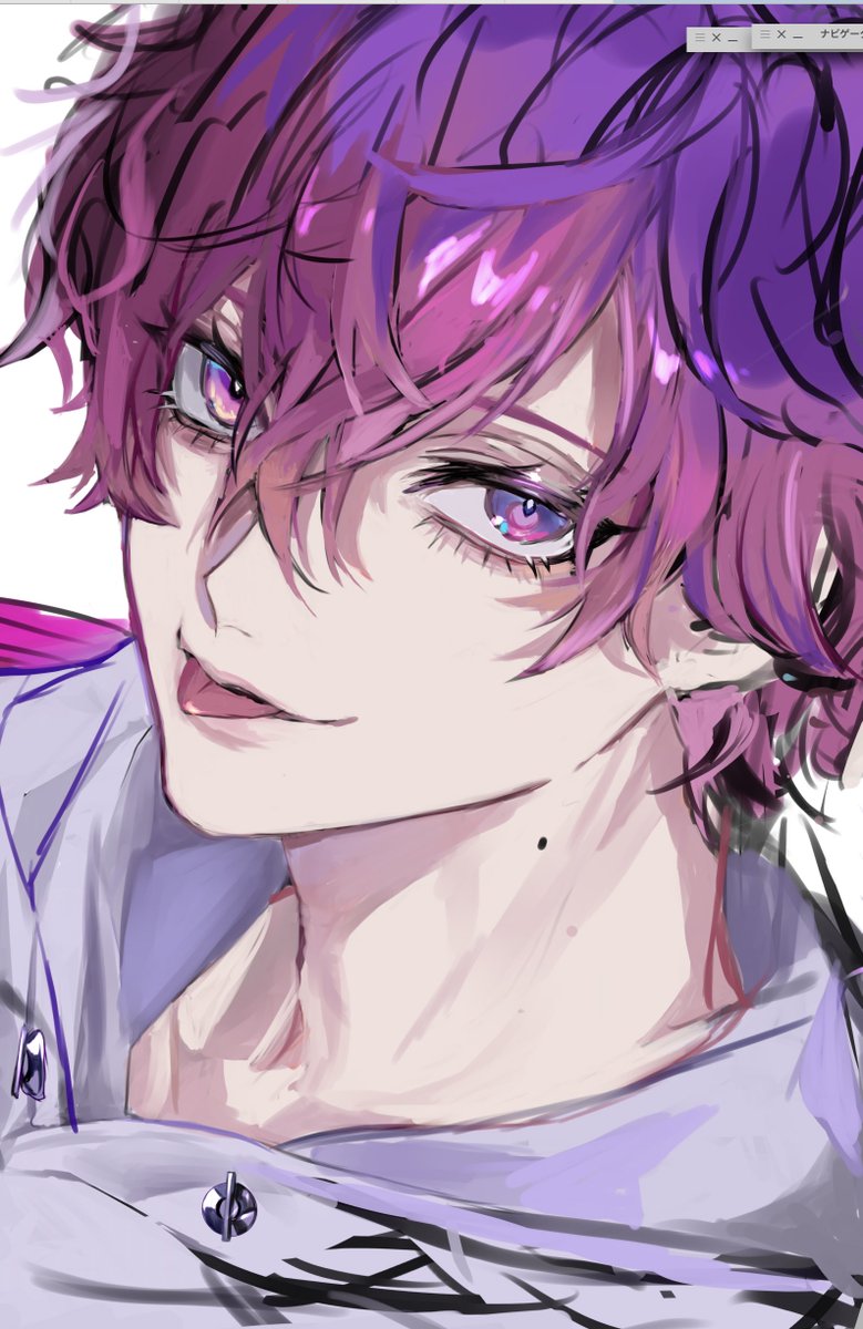 1boy male focus mole on neck purple hair purple eyes solo tongue  illustration images