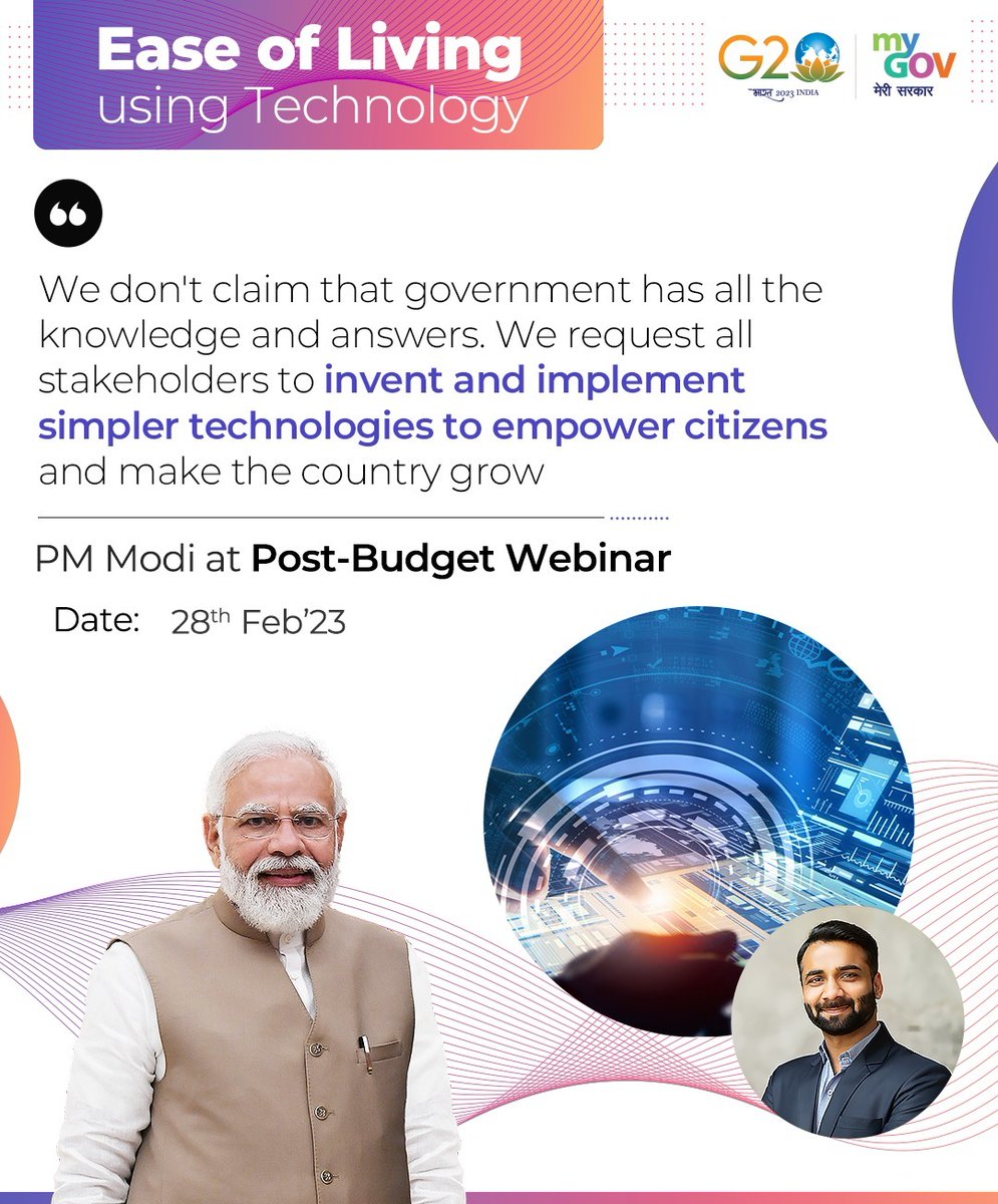 vineetvatstyagi's tweet photo. Here are the highlights from Hon'ble PM Shri @narendramodi's address at the Post-Budget Webinar on 'Ease of Living using Technology'
#Budget4Tech https://t.co/HJjB6sNOKV