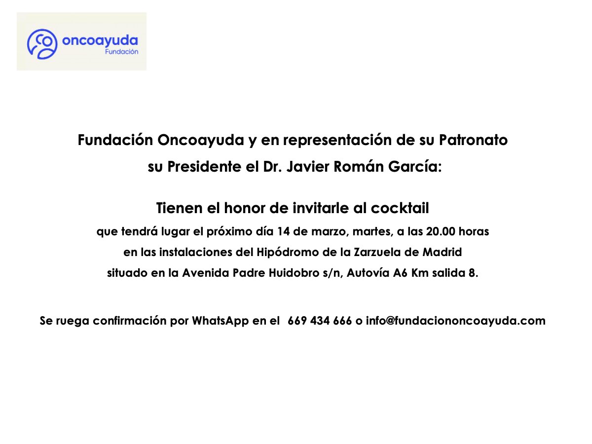FundOncoayuda's tweet photo. El próximo 14 de marzo la Fundación Oncoayuda celebrará un evento solidario en el Hipódromo de la Zarzuela de Madrid al que desea invitarte. ¡Contamos contigo!! https://t.co/42f78jl1jj