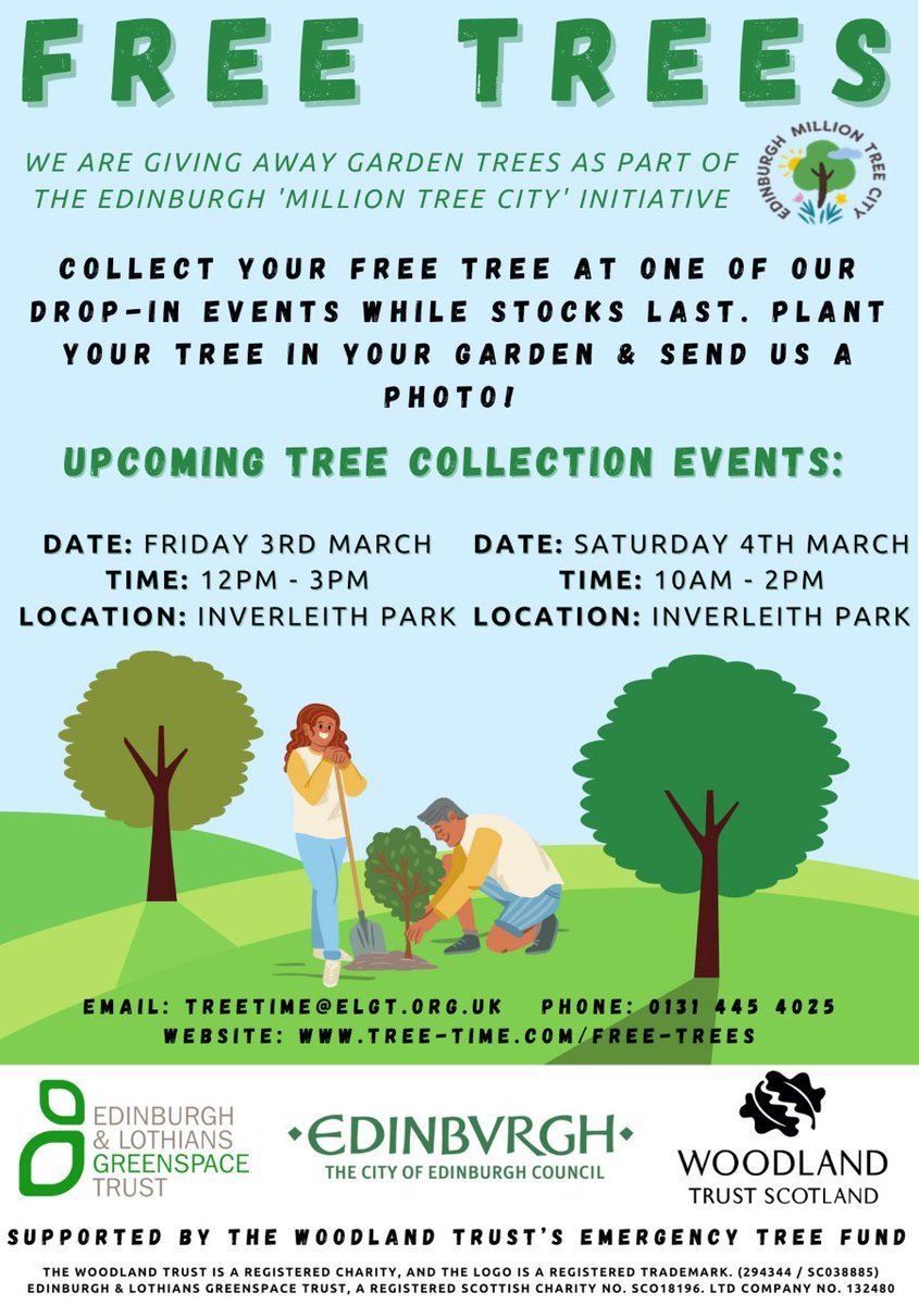 Pick up your free garden tree this week at Inverleith Park. We will be there from 12pm-3pm on Friday and 10am-2pm on Saturday giving away free trees for Edinburgh residents. Just drop-in and get your free tree while stocks last! <a href="/Edinburgh_CC/">The City of Edinburgh Council</a> @WoodlandTrust <a href="/EdinOutdoors/">Edinburgh Outdoors</a>