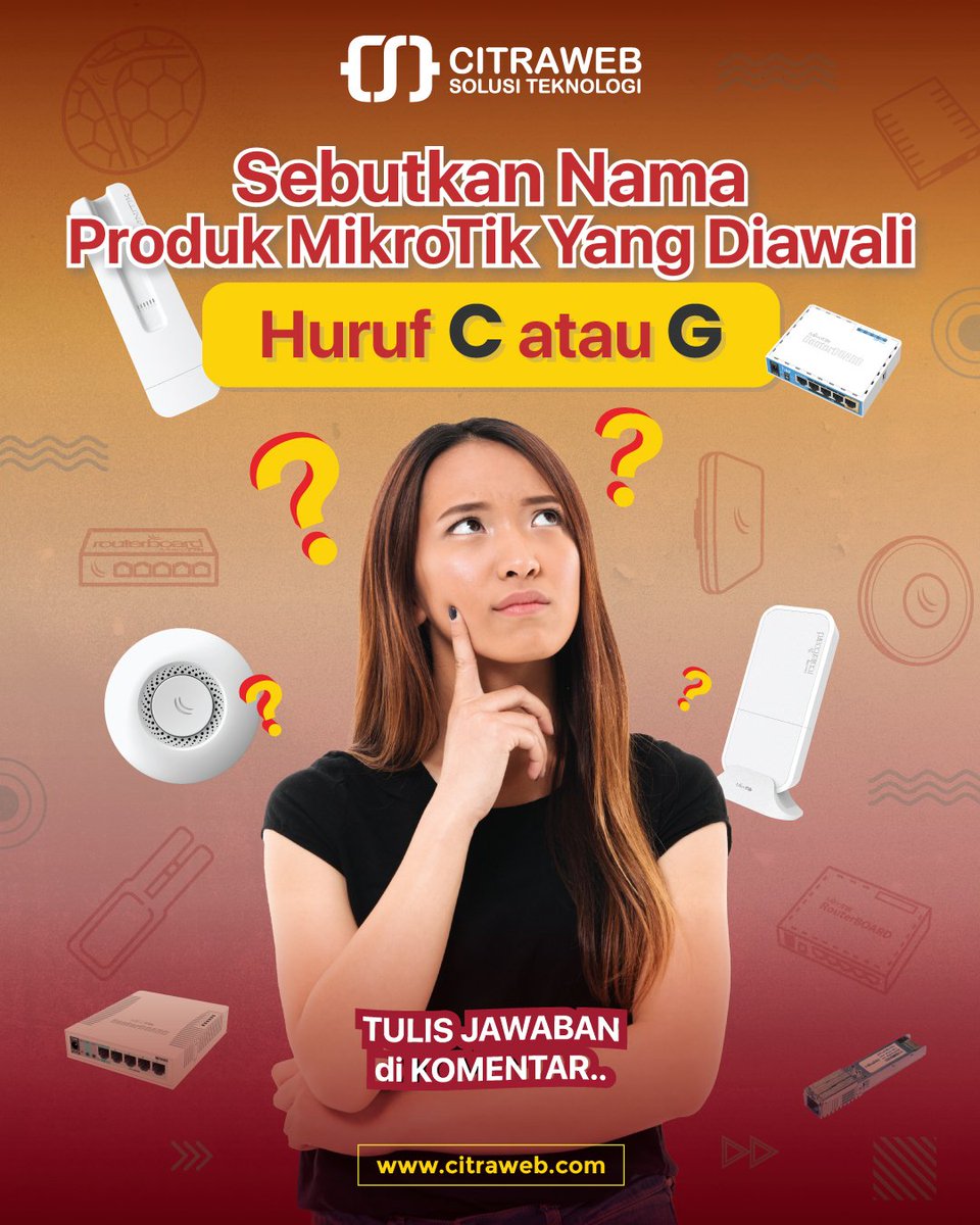 citraweb_com's tweet image. Seberapa jauh kalian mengenal MikroTik?
Coba sebutkan alat MikroTik yang berawalan dengan huruf C dan G
Tuliskan di kolom komentar yaa...
___
Temukan promo perangkat Jaringan melalui:
🛒 citraweb.com/shop/
#MikroTik #MikrotikCode #ProductCode #Citraweb #NetworkEngineer
