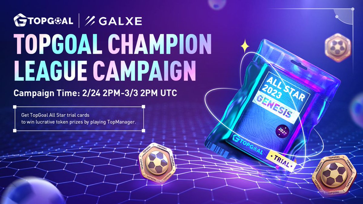 Galxe's tweet photo. @TopGoal_NFT Champion League Campaign ⚽️ 🥅

The ultimate showdown awaits, complete tasks and earn an exclusive NFT to gain entry! Holders can score the all-star trial cards on TopManager and compete for lucrative token prizes 🏆

Secure your goal now ➡️ https://t.co/BXvYP1rrTP https://t.co/o0GAf1vjAD