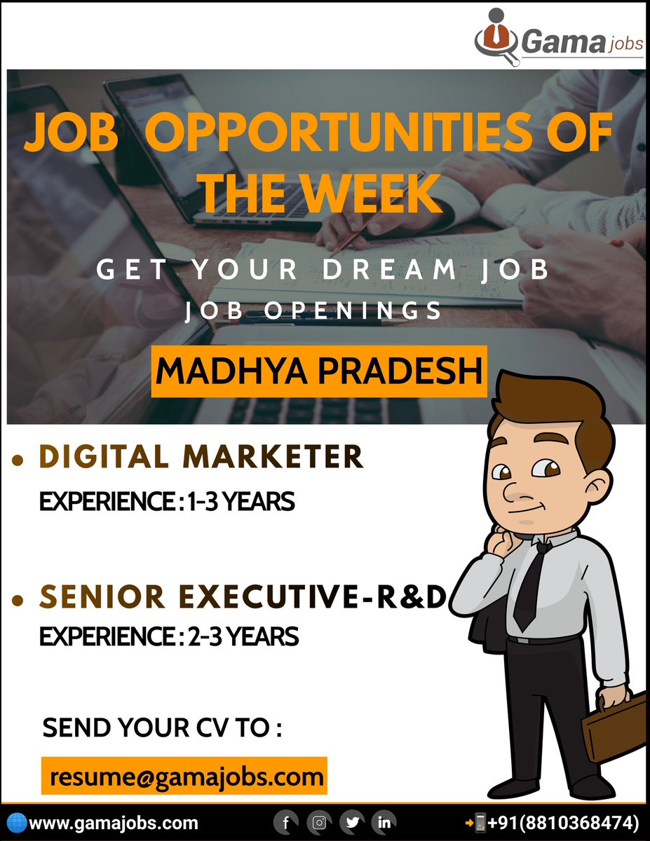 WE HAVE MULTIPLE JOB OPENINGS FOR MADHYA PRADESH

Digital Marketer
gamajobs.com/job_detail/ind…

Senior Executive (R &D)
gamajobs.com/job_detail/ind…
SEND YOUR CV TO resume@gamajobs.com 

#jobseekers #job #resume #cv #MadhyaPradesh #hiring #MadhyaPradeshJobs #job #jobopportunity #jobopen