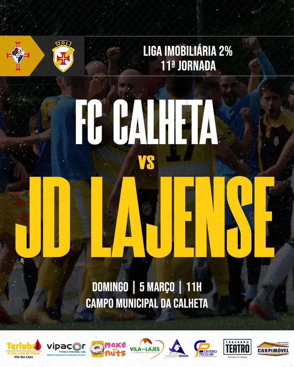 🏆 Liga Imobiliária 2% - 11.ª jornada 🏆

📅 Domingo, dia 5 de março às 11h
📍 Campo Municipal da Calheta

Seguimos até São Jorge e vamos à Luta pelo Juventude Desportiva Lajense! TODOS PELAS LAJES! 🟡⚪️

#BoraAmarelos #YellowSubmarine