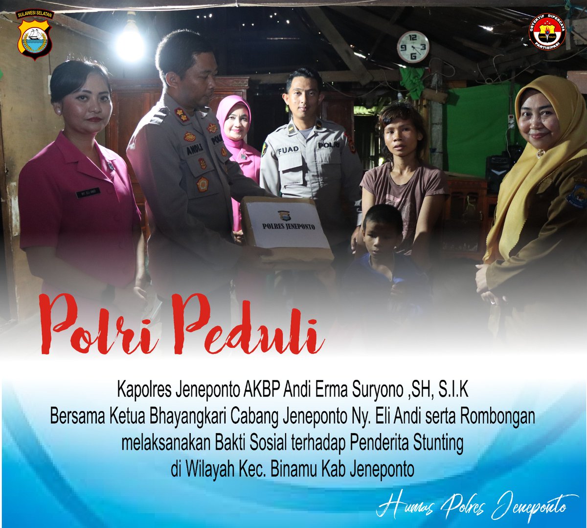 SihumasBaranti's tweet image. Kapolres Jeneponto AKBP Andi Erma Suryono, SH, S.I.K bersama Ketua Bhayangkari Jeneponto Ny. Eli Andi serta rombongan melaksanakan bakti Sosial terhadap penderita Stunting Diwilayah Kec. Binamu Kab. Jeneponto.

#BaktiUntukNegeri