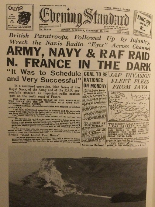 In 1942 the Bruneval Raid became the Parachute Regiment’s first Battle Honour #OpBiting 28.2.42
C Coy @2PARA_HQ  under the command of Major J D Frost dropped on to Bruneval at night & captured the German radar station. #UtrinqueParatus Next day in the press🗞️🟦🆎