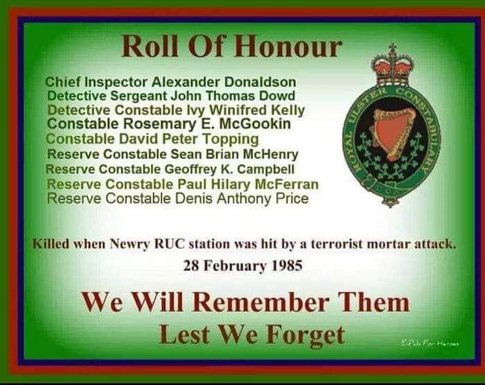 Today we remember the 9 RUC GC Officer's who were murdered 38 year's ago in the IRA mortar bomb attack on Newry RUC base 28th February 1985. 

Lest We Forget #RUCGC #Police #OpBanner #NorthernIreland