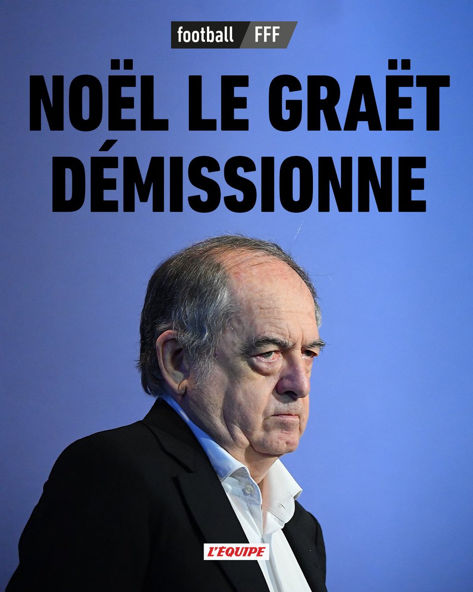 lequipe's tweet photo. Le président de la FFF, Noël Le Graët, en retrait depuis le 11 janvier, a donné sa démission mardi matin lors du comex de l'instance https://t.co/mivJRFBhu4 https://t.co/Ndsyni3R8L