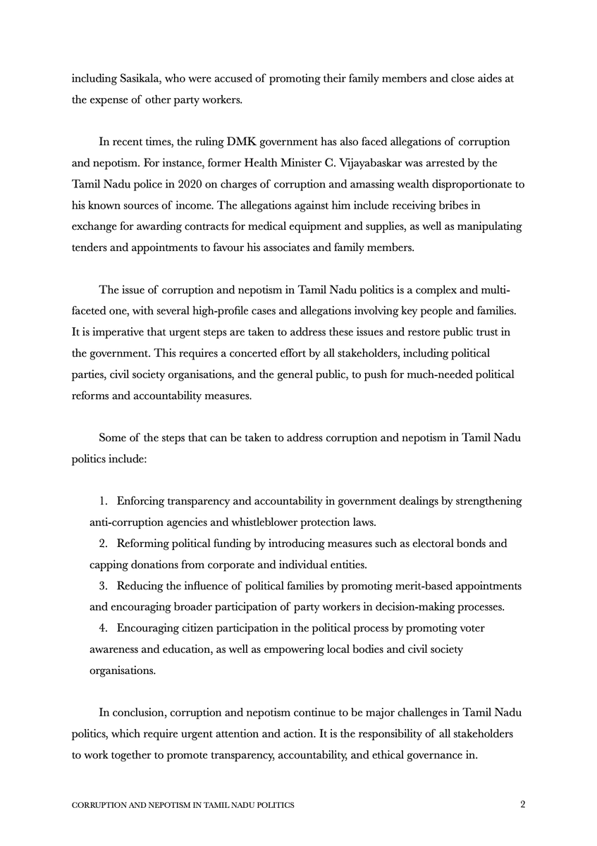 A #OpenAI essay Corruption and nepotism undermine governance and public trust in #TamilNadu   politics. Urgent steps are needed to promote ethical governance through transparency, accountability, and citizen empowerment. #TamilNaduPolitics #Corruption #Nepotism #EthicalGovernance