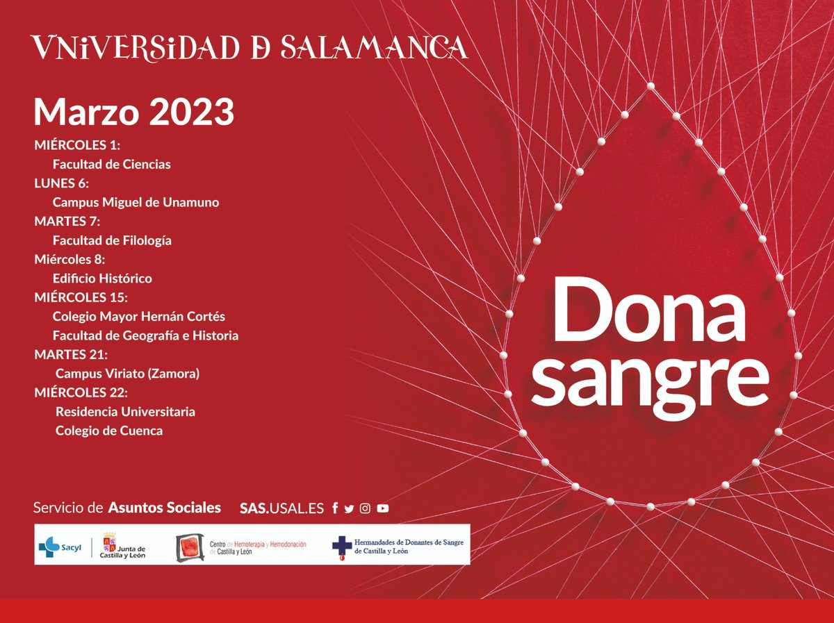 ¡Campaña Donación de sangre de la <a href="/usal/">Universidad de Salamanca</a> del mes de marzo!
Si no es posible donar sangre en las campañas de donación que se realizan en cada centro, es factible hacerlo en los puntos fijos de donación: centrodehemoterapiacyl.es/puntos-de-dona…
¡No olvides el DNI!