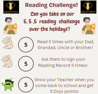 Carlton_MillsPS's tweet photo. Challenge accepted! Reception have been working hard to read with Dads, Brothers, Cousin and Uncles over the holidays! Let's keep it up! #CelebratingReading #ReadingWithDad #ExcellenceForAll https://t.co/ZwvngMfaR3