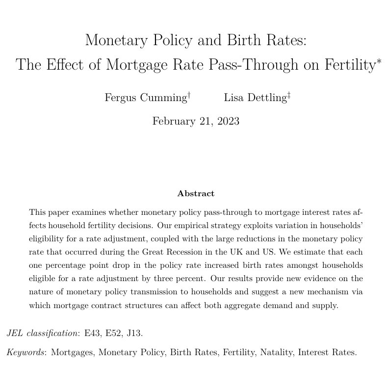 RevEconStudies's tweet photo. Recently accepted to REStud, ``Monetary Policy and Birth Rates: The Effect of Mortgage Rate Pass-through on Fertility", from Cumming and Dettling:

https://t.co/W1caSsq0VR https://t.co/56T0xBnpnR