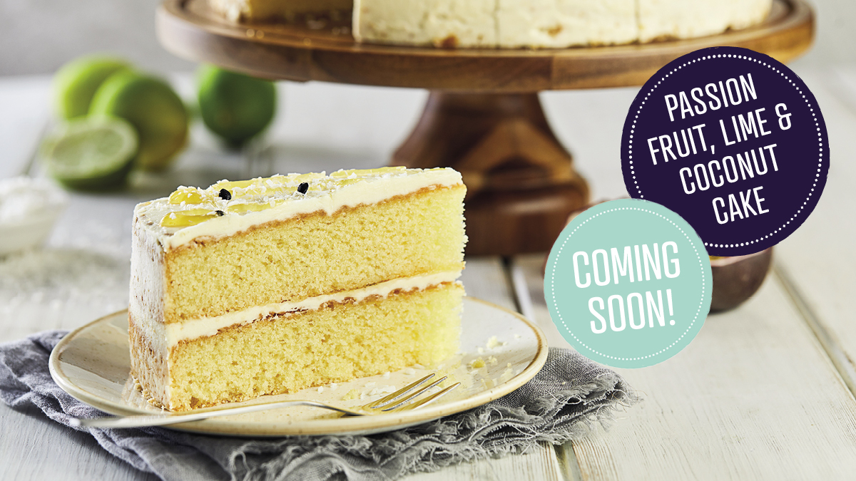 Our NEW Passion Fruit, Lime &amp; Coconut Cake.
A lime flavoured sponge cake filled and covered with a passion fruit flavoured icing and passionfruit sauce and finished with a desiccated coconut. COMING SOON!