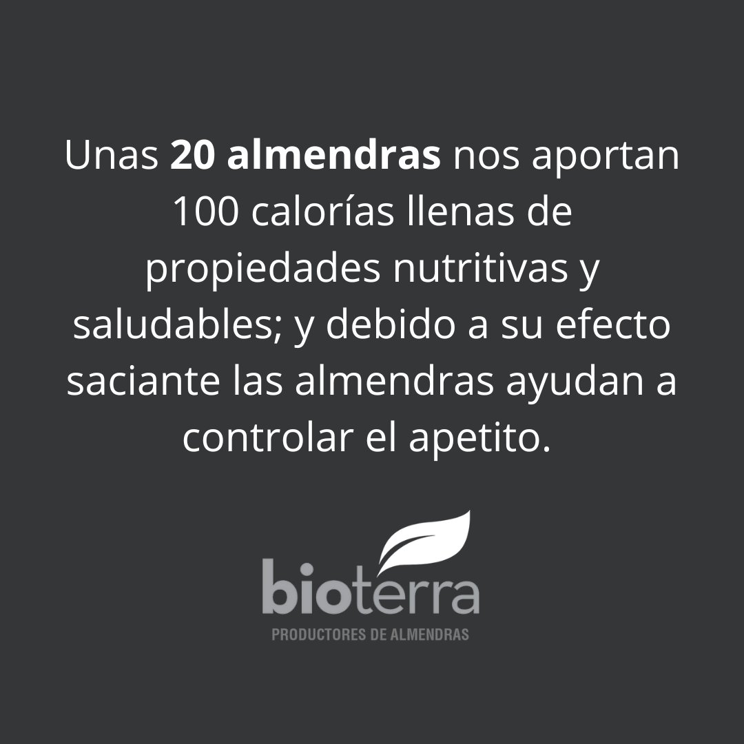 ♥️ Unas 20 almendras nos aportan 100 calorías llenas de propiedades nutritivas y saludables; y debido a su efecto saciante las almendras ayudan a controlar el apetito.
Compruébalo por ti mismo aquí ⬇️⬇️⬇️
📲 bioterra.es