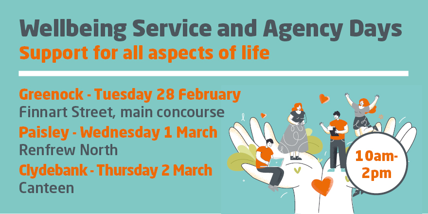 WestCollScot's tweet photo. Today is the Greenock campus Wellbeing Service and Agency Day!
🔸
Meet agencies that can support you with all aspects of life, inlcuding: @womensaid @SAMHtweets @_Mindmosaic @financialfitnes Inverclyde Advocacy, Belville Gardens and more.
#Wellbeing  #Suppport #WeAreWest https://t.co/vELjt46Cbz
