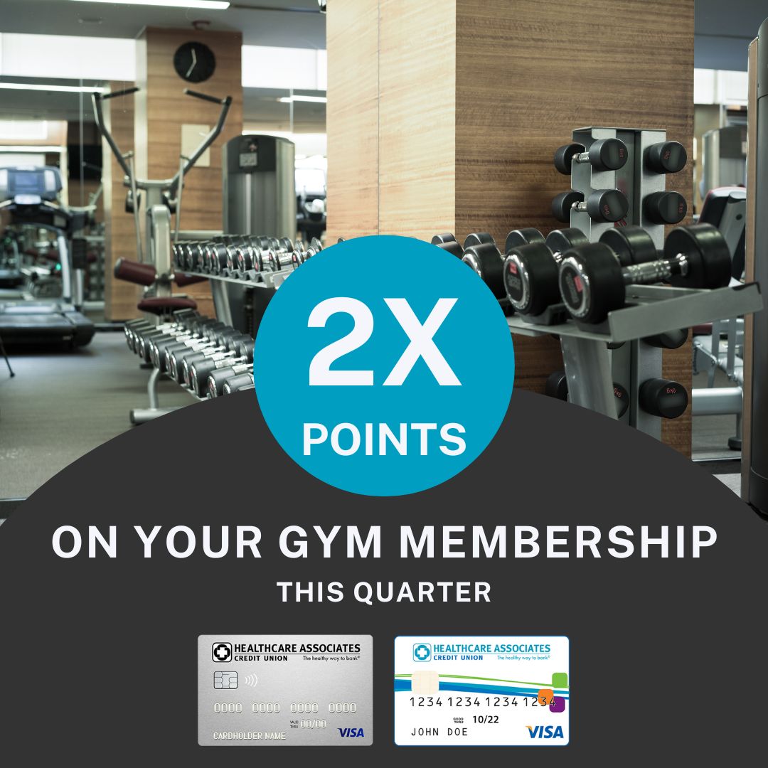 Work out your rewards this quarter! Cardholders will earn double points this quarter at select merchants, including fitness clubs.
For a list of qualifying merchants and terms & conditions, visit hacu.me/2xpoints.
#bankhealthy #visacreditcard #doublepoints #creditunion