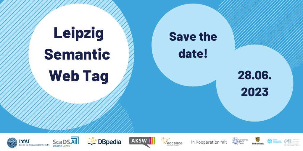 Save the Date - Wir sind stolz darauf, ankündigen zu können, dass der diesjährige #LSWT2023 Teil der <a href="/DataWeekLeipzig/">Data Week Leipzig</a> sein und am 28. Juni stattfinden wird. Weitere Details finden Sie auf unserer Veranstaltungsseite. bit.ly/3IyYwYV #LSWT #SemanticWeb #Leipzig