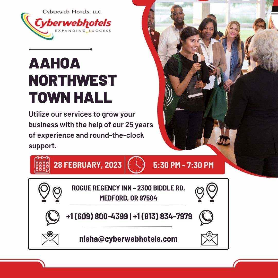 Join us at the AAHOA event and discover how CyberWebHotels can help your hotel succeed! Don't miss out! 
☎ : +1 (609) 800-4399 | 📧 : nisha@cyberwebhotels.com
#AAHOA #CyberWebHotels #HotelGrowth #townhallmeeting #DigitalMarketing