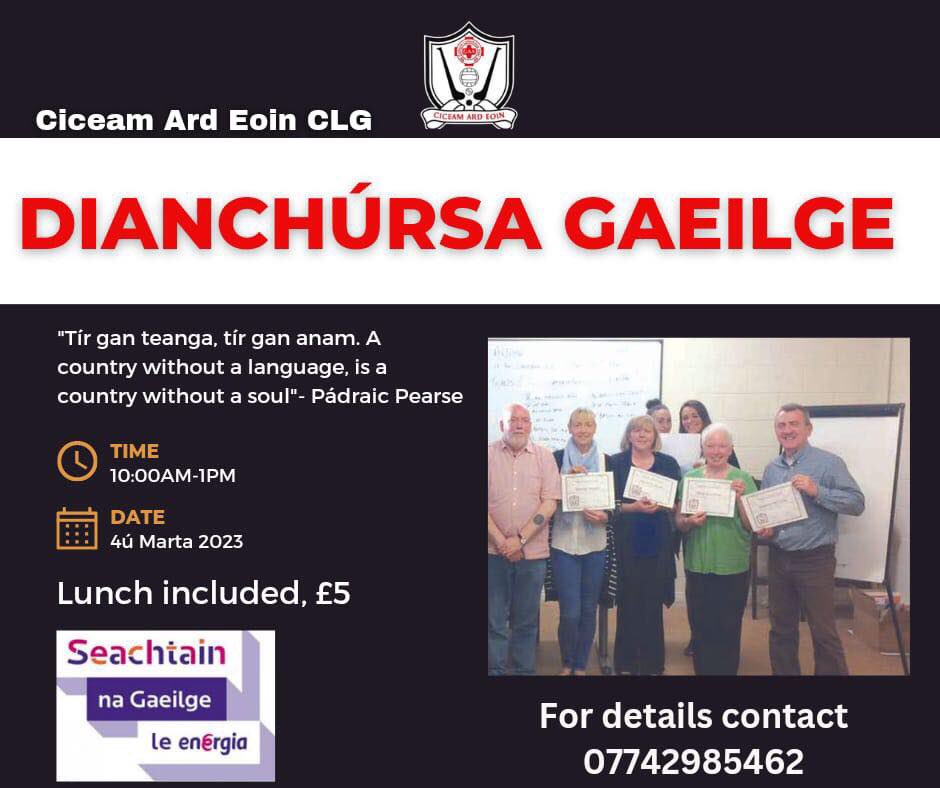 📚 Dianchúrsa/ Intensive Course 📚

Bunrang &amp; Meánrang- Beginner &amp; intermediate level. 

Saturday 4th March- 10am to 1pm in our club rooms. This course is open to everyone. 

🍱 £5 to register &amp; lunch provided. 

To register contact Stephen on 07742 985462 #SnaG23
