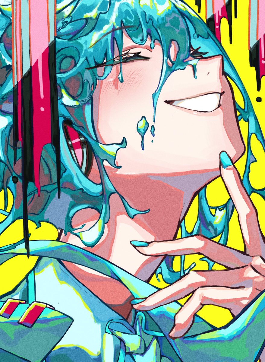 hatsune miku solo 1girl smile necktie yellow background closed eyes liquid hair  illustration images
